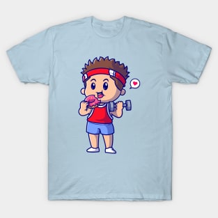 Cute Boy Lifting Barbell And Eating Doughnut Cartoon T-Shirt